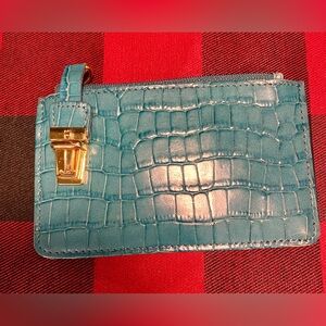 Etienne Aigner Teal Croc-Embossed Card Holder with Mirror Attached & Gold Accent